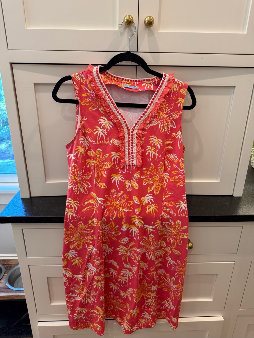 J. McLaughlin Coral Tropical Print Sleeveless Dress with Trim
